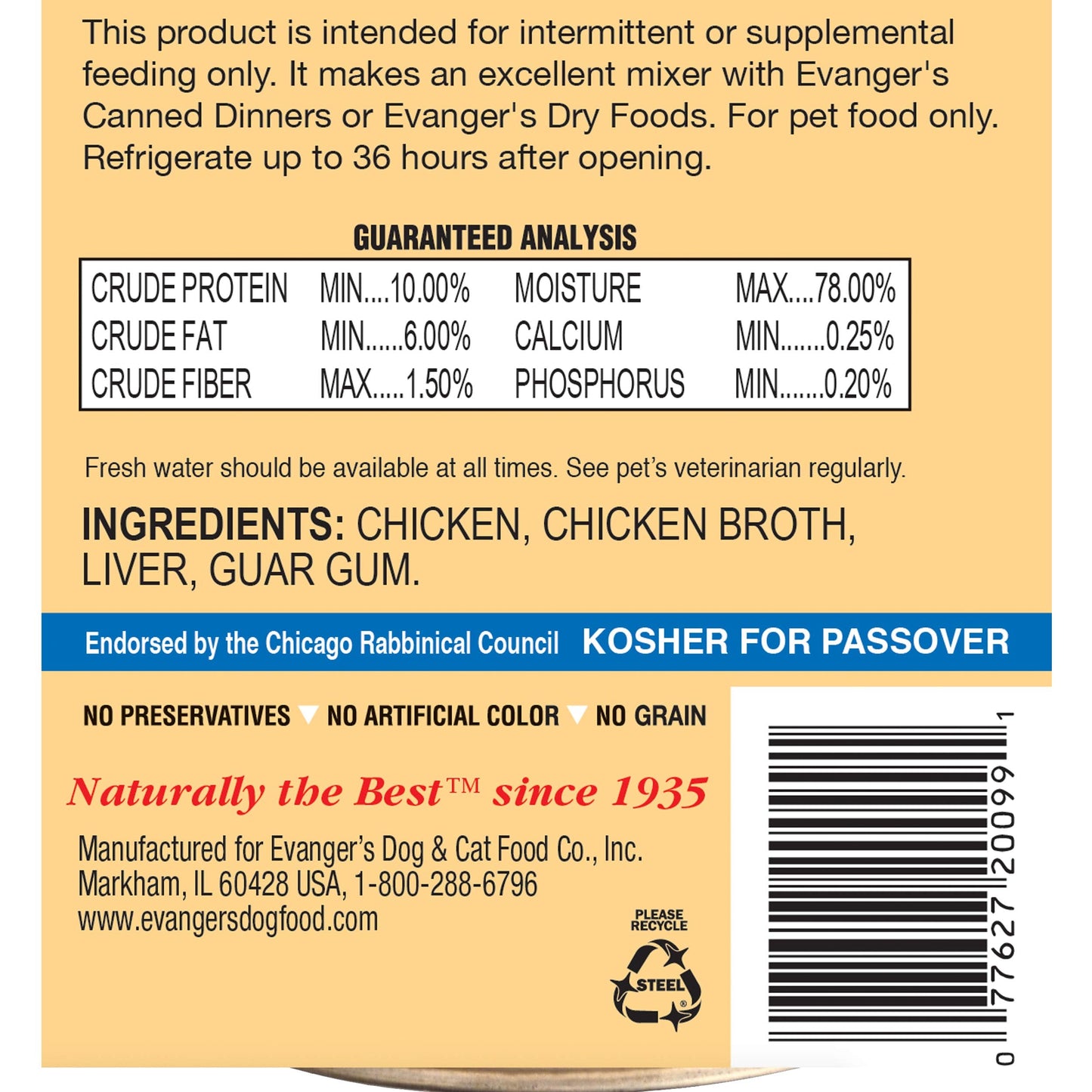 Evanger's Complements Grain Free Chicken for Dogs & Cats – 12 Count, 20.2 oz Each – Single Protein, Grain & Gluten Free, Limited Ingredients, Nutrient-Rich Broth – Wet Dog & Cat Food