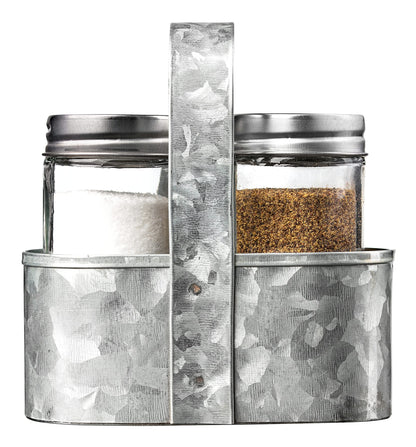 Royalty Art Farmhouse Salt and Pepper Holder with Carry Handle, Rustic Home Decor for Kitchen Counter, Picnic Table, BBQ, and Camping, Silver Galvanized Steel