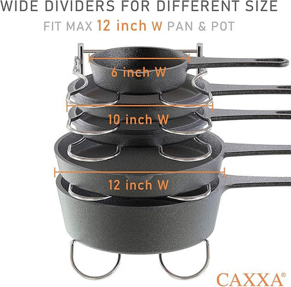 CAXXA Heavy Duty Pan Rack, Pot Lid Rack, Kitchen Cabinet Pantry Cookware Organizer Rack Holder with 5 Adjustable Dividers, Chrome
