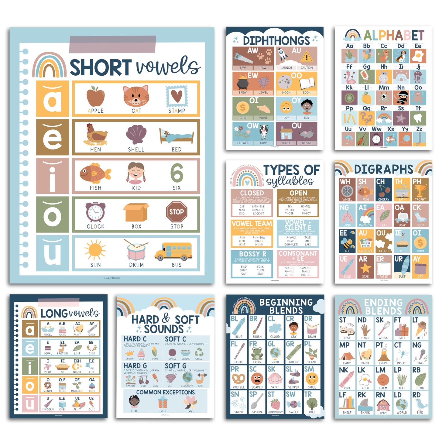 Hadley Designs Phonics Posters for Classroom Must Haves - 9 Sound Wall for Kindergarten & Elementary Teacher Supplies, Syllable, Vowels, Digraphs & Blends Bulletin Board Set, Boho Classrom Decor