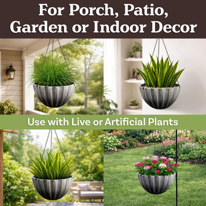 Hanging Planter 2-Pack - 12.5-Inch Durable Plastic Hanging Planters for Indoor Plants or Outdoor Porch Decor with 3 Drainage Holes and Removable Bottom Reservoir by Pure Garden (Gray)