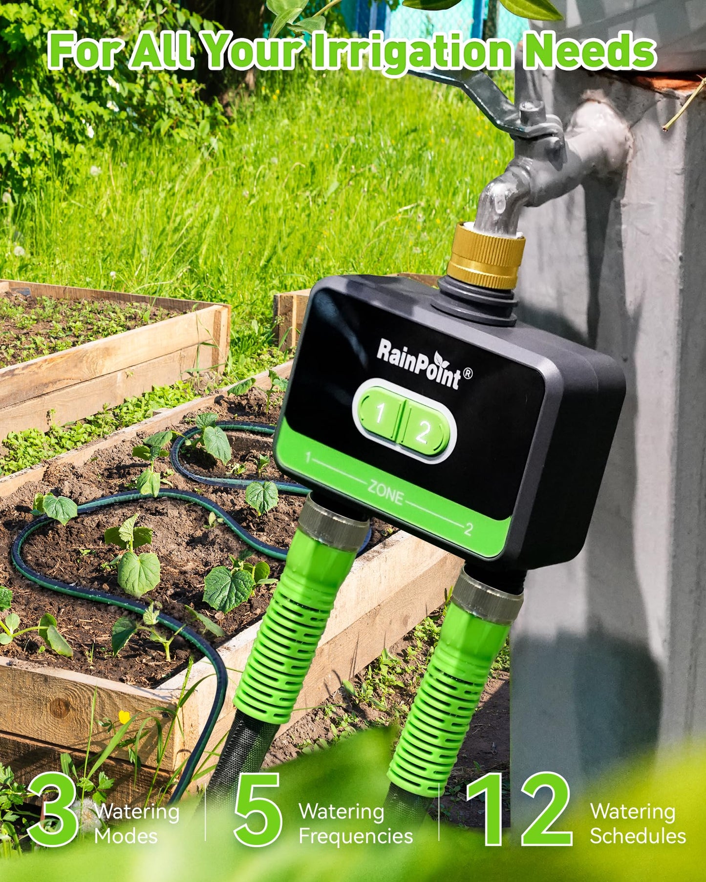 RainPoint WiFi Water Timer for Garden Hose with Brass Inlet, 2-Zone Smart Sprinkler Hose Timer, WiFi Irrigation Controller, Automatic Watering System for Lawns and Yard