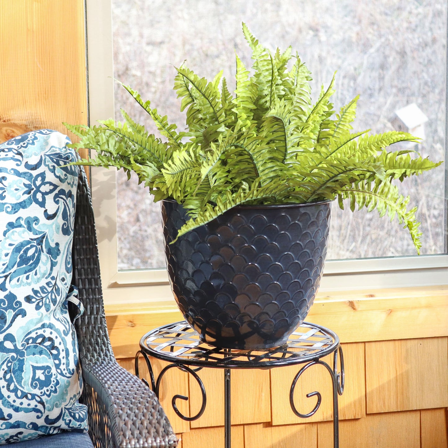 Sunnydaze Dinah 12.5" Metal Outdoor Plant Pot Set with Drainage Holes and Rubber Plugs - Navy Glaze - Set of 4