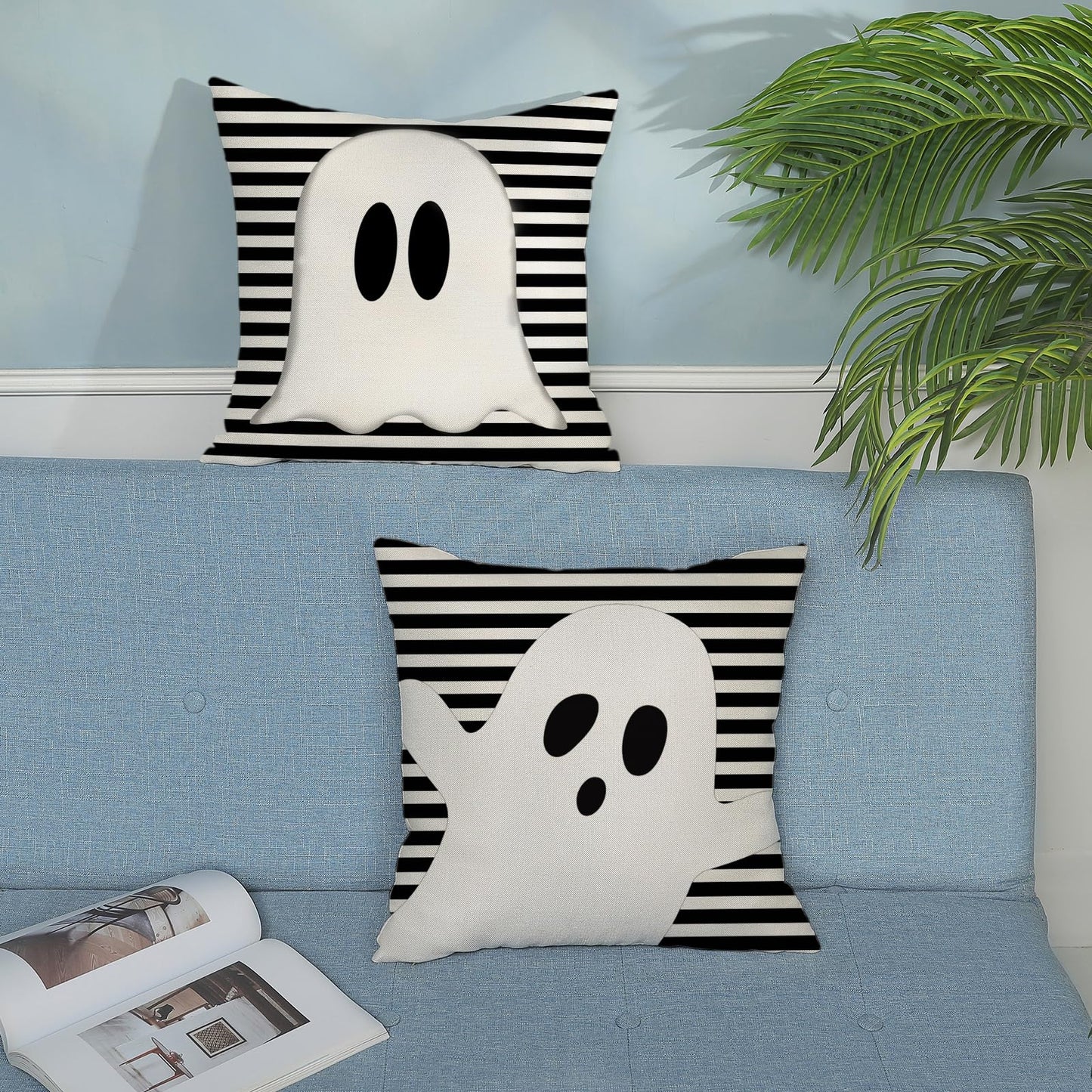 JEFERSO Halloween Pillow Covers 20x20 Set of 2 Black Stripes Cute White Ghost Throw Pillows Halloween Decorations Outdoor Pillowcase Halloween Home Decor Linen Farmhouse Cushion Case for Couch Sofa