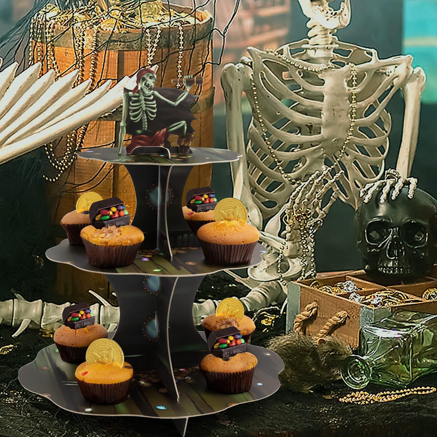 Cheerland Skull Pirate Cupcake Stand and Skeleton Pirates Cupcake Toppers for Halloween Skeleton Pirate Hanging Costume Party Decoration and Supplies