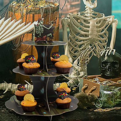Cheerland Skull Pirate Cupcake Stand and Skeleton Pirates Cupcake Toppers for Halloween Skeleton Pirate Hanging Costume Party Decoration and Supplies