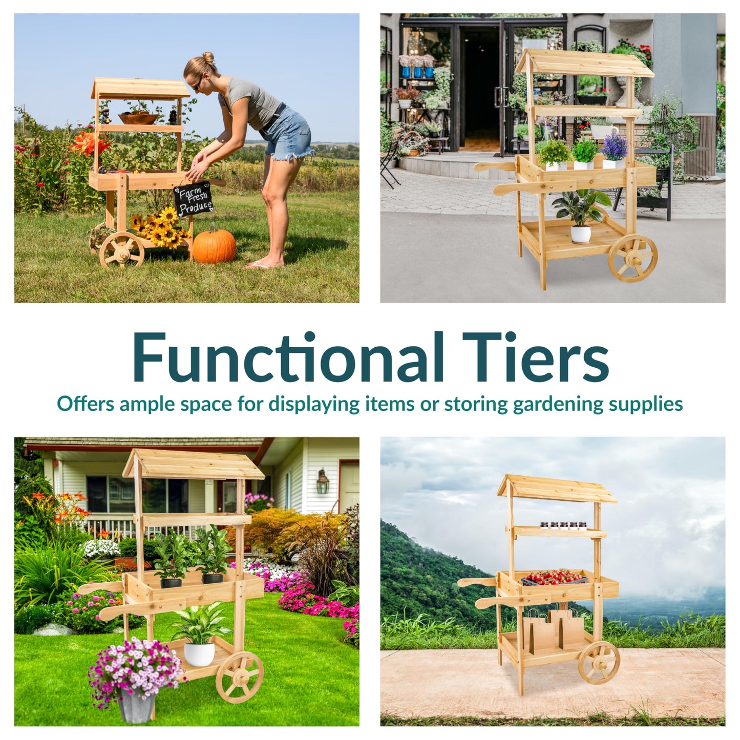 Sunnydaze Country Market Flower Cart Display Stand with Wheels - 2 Shelves - Fir Wood - 30 lb Weight Capacity - Natural Fir