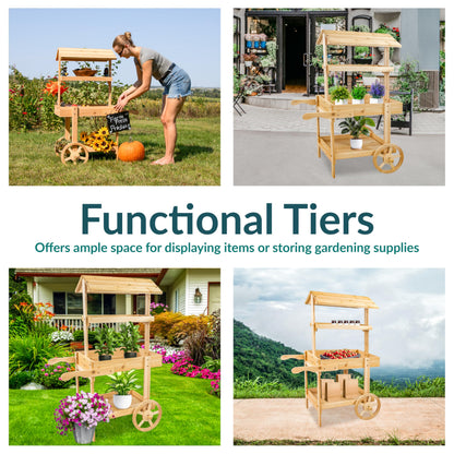 Sunnydaze Country Market Flower Cart Display Stand with Wheels - 2 Shelves - Fir Wood - 30 lb Weight Capacity - Natural Fir