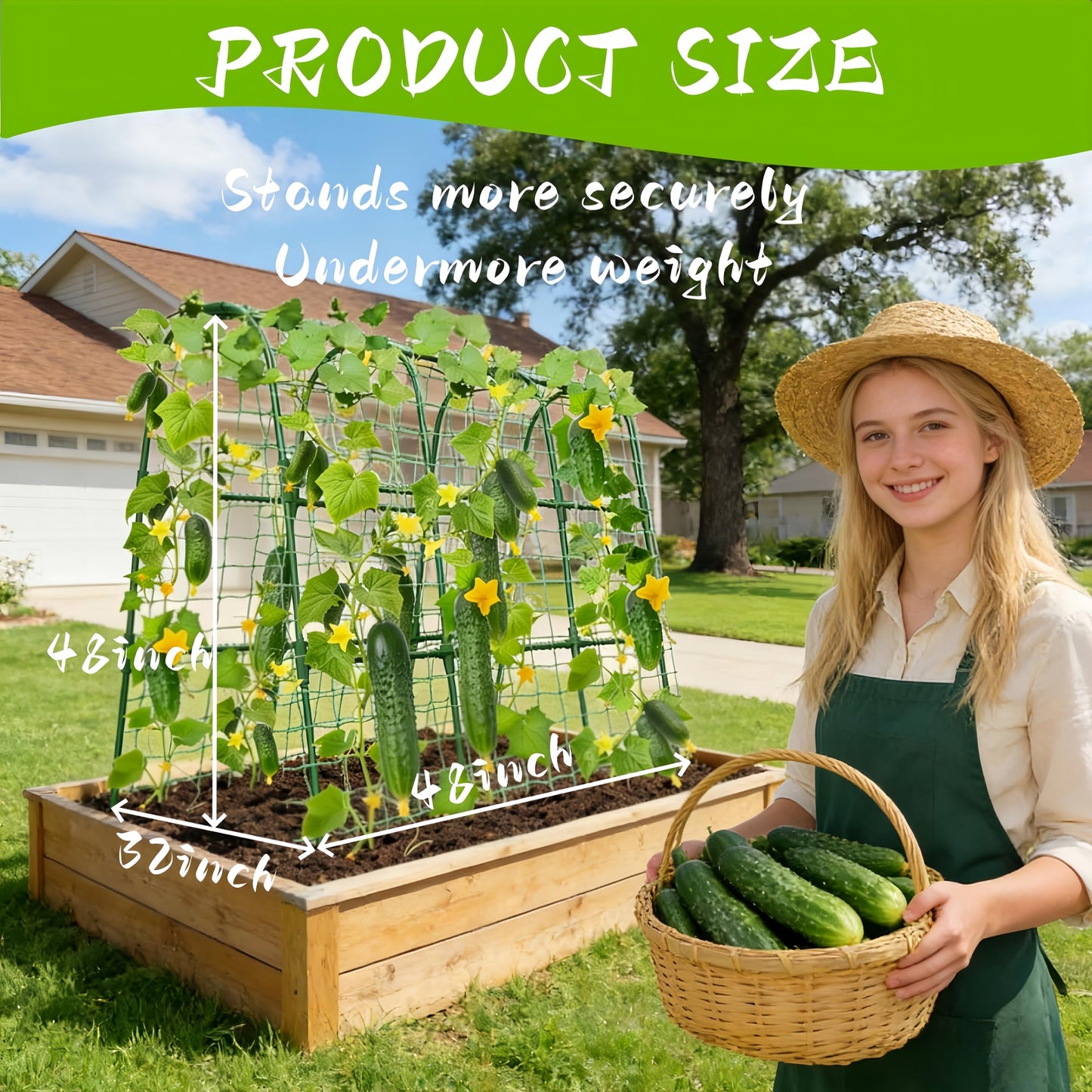 Heavy Duty Cucumber Trellis for Raised Bed, U-Shape Garden Trellis for Climbing Plants Outdoor, Metal Arch Vegetables Trellis, Plant Support for Grape Vine Tomato Pea Bean Squash (Green 48x48X32)