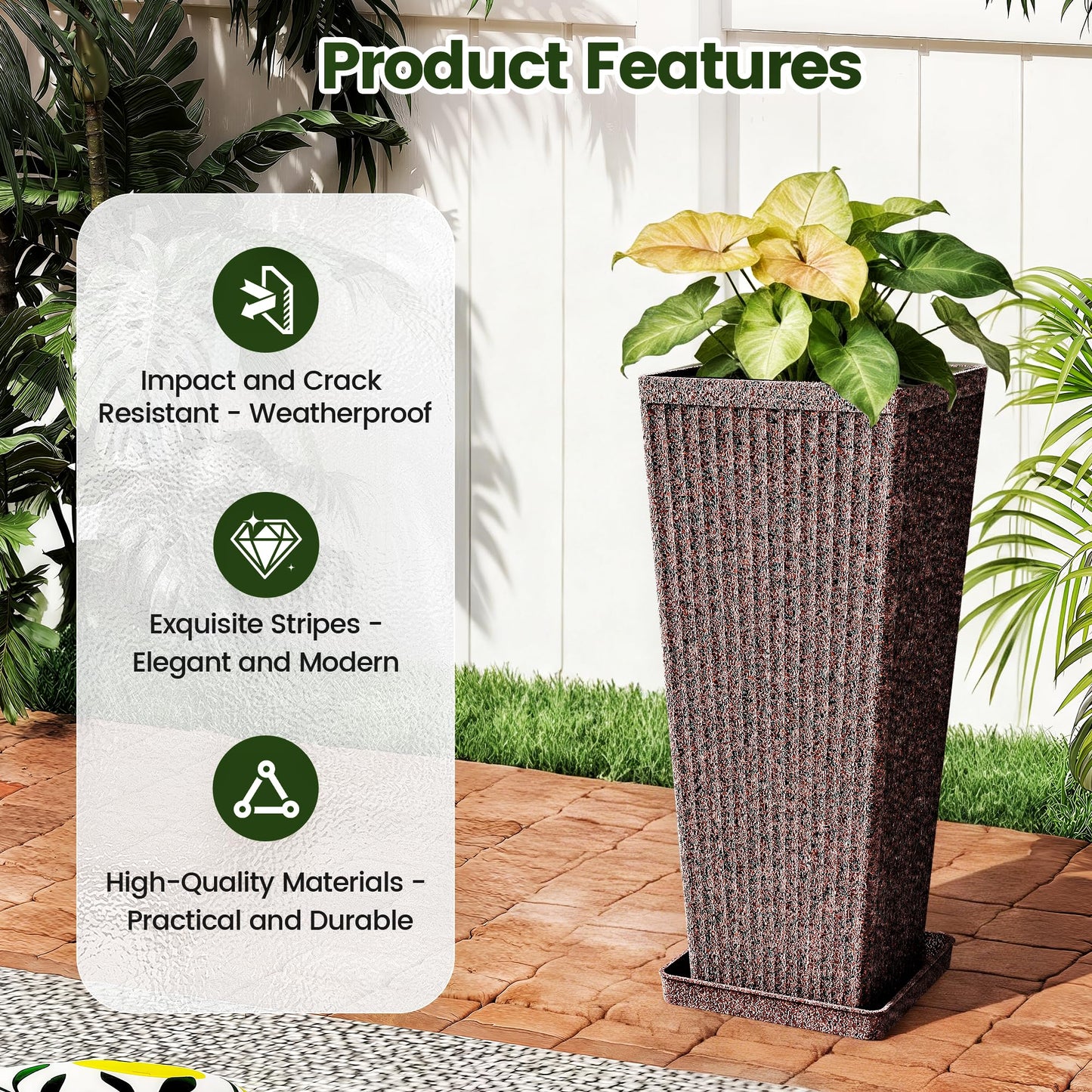 Diyfire Taper Tall Planters for Outdoor Plants Set of 2, 24 Inch Faux Stone Large Outdoor Planters for Porch with Drainage Tray Saucers & Holes, Fluted Tall Indoor Flower Pots for Patio Balcony, Brown