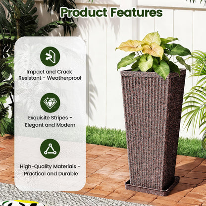 Diyfire Taper Tall Planters for Outdoor Plants Set of 2, 24 Inch Faux Stone Large Outdoor Planters for Porch with Drainage Tray Saucers & Holes, Fluted Tall Indoor Flower Pots for Patio Balcony, Brown