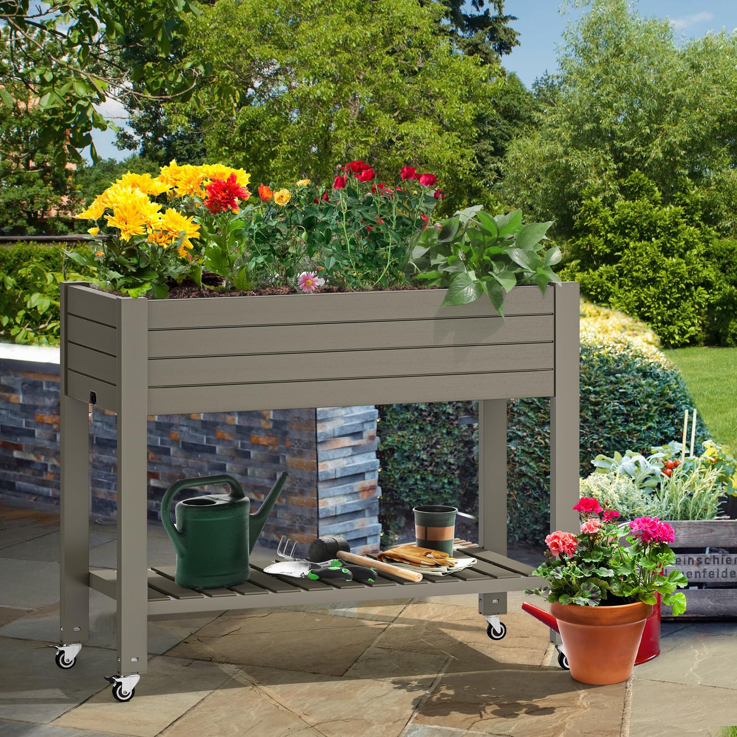 YITAHOME 3.6x1.5x2.8 FT Elevated Garden Bed Kit with Legs and Wheels, Outdoor Large Resin Planter Box Stand with Drain Plug and Storage Shelf for Plants Vegetables Fruits, Light Brown