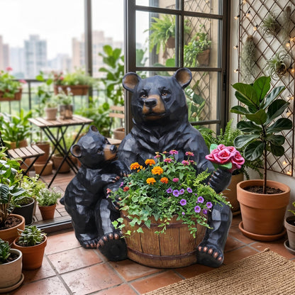 elesculor Black Bear Mother & Cub Garden Statue Planter, Resin Outdoor Flower Pot with Barrel Basket, Decorative Animal Planter for Patio, Yard, Lawn, Cabin Decor