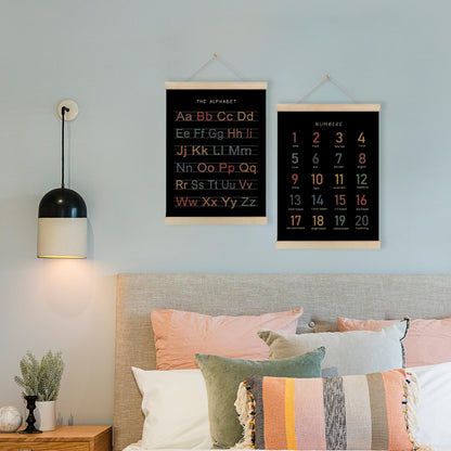 HRQKO Alphabet Numbers Poster Hanger Frame Set of 2, Black Nursery Wall Decor, ABC Poster Wall Art with Wooden Frames, Boho Alphabet Banner Wall Hanging Decor for Toddler Playroom, 12x16 Inch