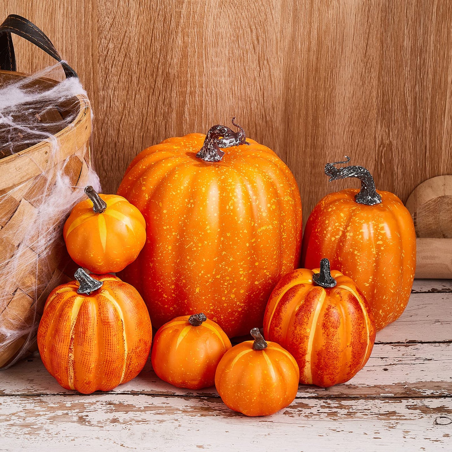 Autumn Pumpkin Decoration 7PCS Artificial Pumpkin Country Style foam Pumpkin Light Luxury Ornaments Fireplace Table Decoration Applicable to Halloween Harvest Day Thanksgiving Day (Orange)