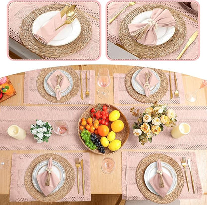 6 Sets Boho Decoration Placemats Round Woven Placemats, Cloth Napkins, Wood Bead Napkin Rings, Long Table Runner and Farmhouse Burlap Cotton for Table Kitchen (Pink,12x72)