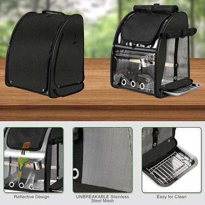 Bird Carrier Bag with Indestructible Stainless Steel Mesh, Bird Travel Cage with Stand, Easy to Clean Backpack for Parrot, Portable Bird Travel Bag, Black