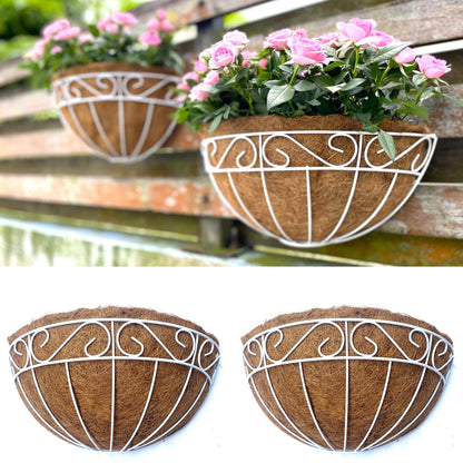 LaLaGreen Wall Mounted Flower Baskets (2 Pack, 16 Inch) Extra Large Deck Rail Hanging Planters with Coco Liner for Outdoor Plants White Metal Wire Herb Pots Holder Fence Railing Porch Patio Garden