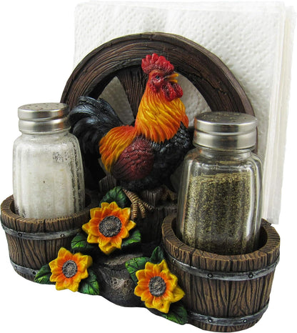 DWK - Country Diner - Rooster with Wagon Wheel Farm Barrel and Sunflowers Napkin Salt & Pepper Shaker Holder Home Décor Kitchen Accessory Dining Accent 3-Piece Set, 6-inch