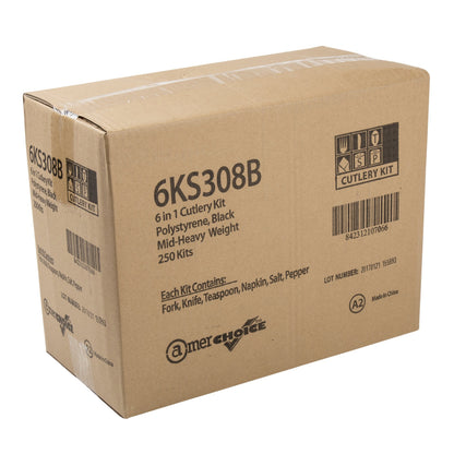 AmerCare Six Piece Meal Kit with 12 x 13 Napkin, Salt and Pepper, Medium-Heavy Weight Fork, Knife, and Teaspoon, Case of 250