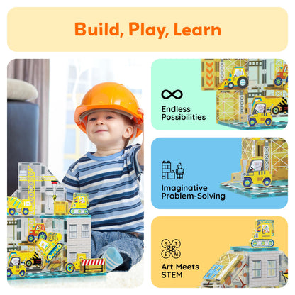 PicassoTiles Magnet Tiles Magnetic Building Blocks with 8 Construction Vehicles Crank Truck Excavator Bulldozer Road Roller Concrete Mixer Tractor Dump Truck Forklift Toys Learning Kids Ages 3+ PTQ11