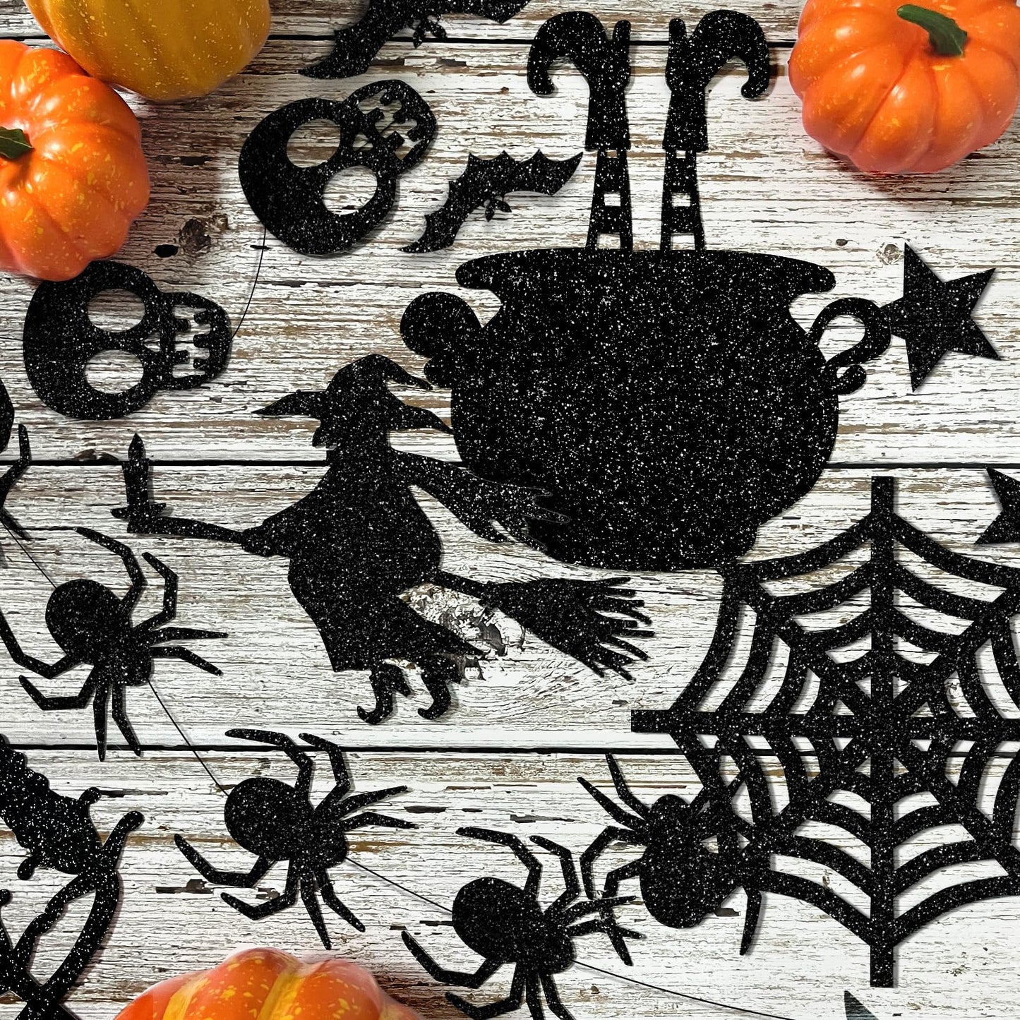 Glitter Black Halloween Hanging Banner Garland Decorations - Ghosts, Witches, Bats, Spiders, Haunted House, Cat and More - Indoor/Outdoor Party Supplies for Gothic Birthday, Home, Office, Classroom