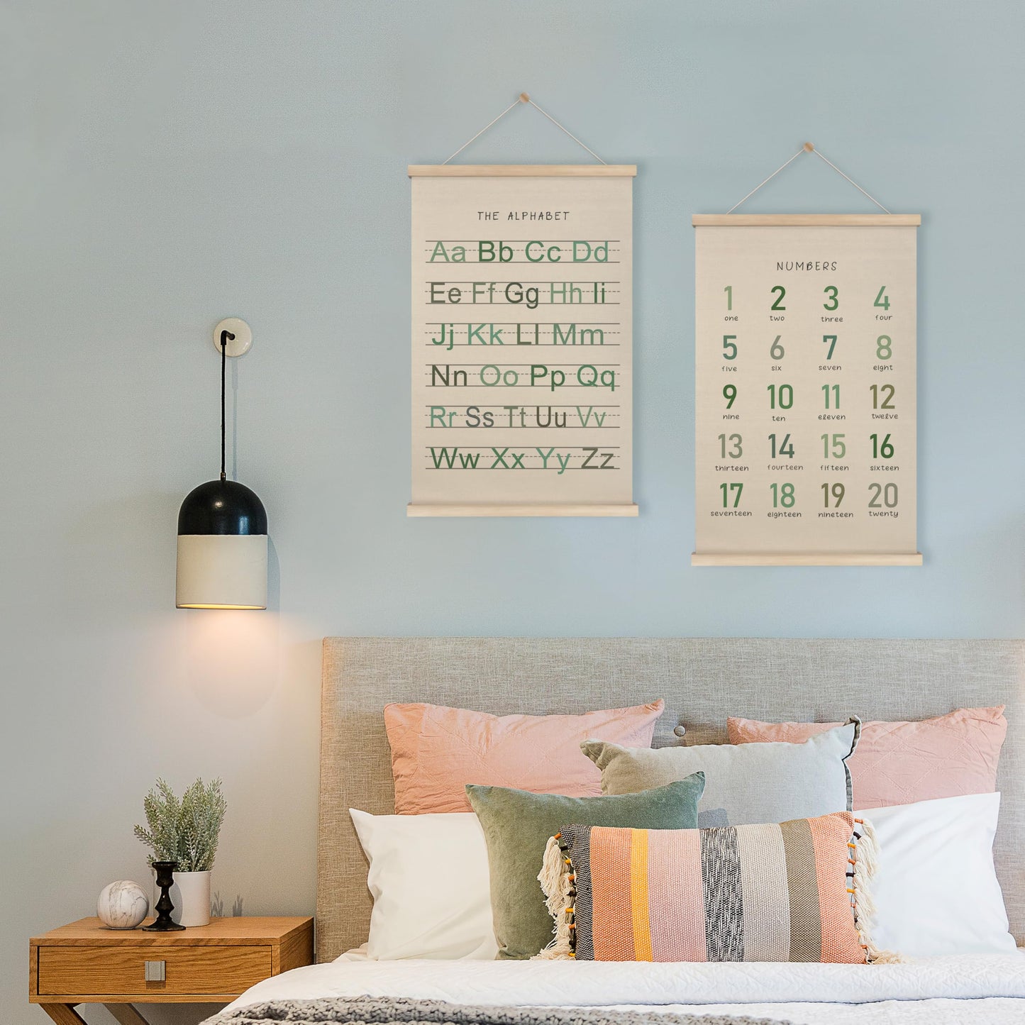 HRQKO Alphabet Numbers Poster Hanger Frame Set of 2, Nursery Wall Decor, Boho ABC Poster Wall Art with Wooden Frames, Sage Green Alphabet Banner Wall Hanging Decor for Toddler Playroom, 16x24 inch
