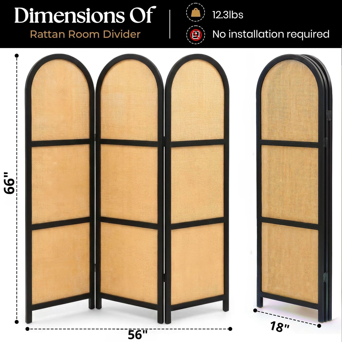 ELK & ELDER 3-Panel Room Divider | Folding Privacy Screen with Arched Dark Wood Frames and Light Woven Panels | Portable Divider for Home,Office, Living Room, Bedroom | 66" H x 56" W |Dark Wood/Beige