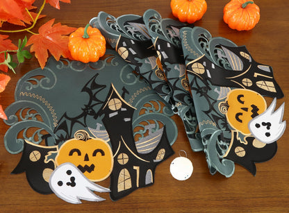 Holiday Halloween Placemats Set of 4 Cutwork Applique Embroidered Pumpkins and Bats Dresser Scarf for Home Dining Autumn Thanksgiving Tabletop Decoration (Style 1, 14" Placemats Set of 4)