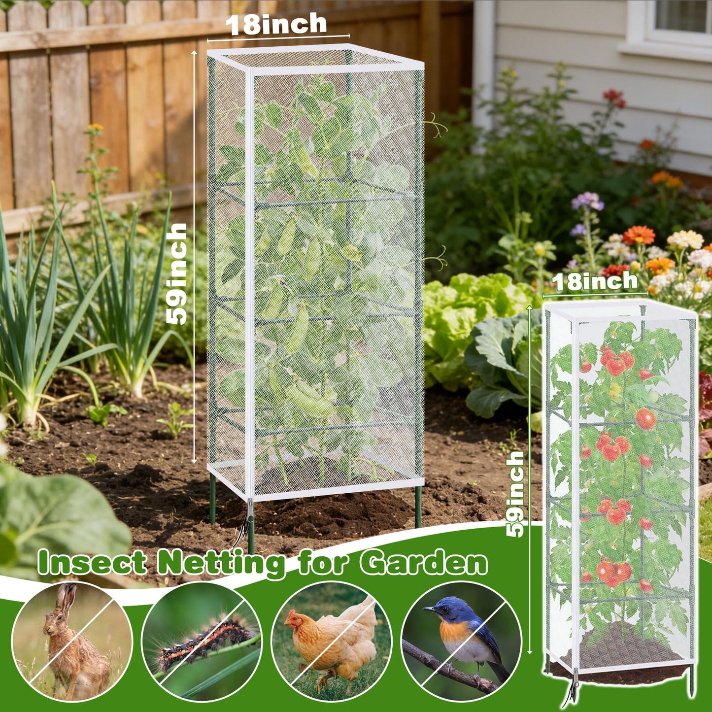 3 Pack Tomato Netting for Garden Protection, 59x18x18 inches Ultra-Fine Mesh Plant Netting Cover for Square Tomato Cage, Bird,Pest & Small Animal Barrier with Zipper & Drawstring