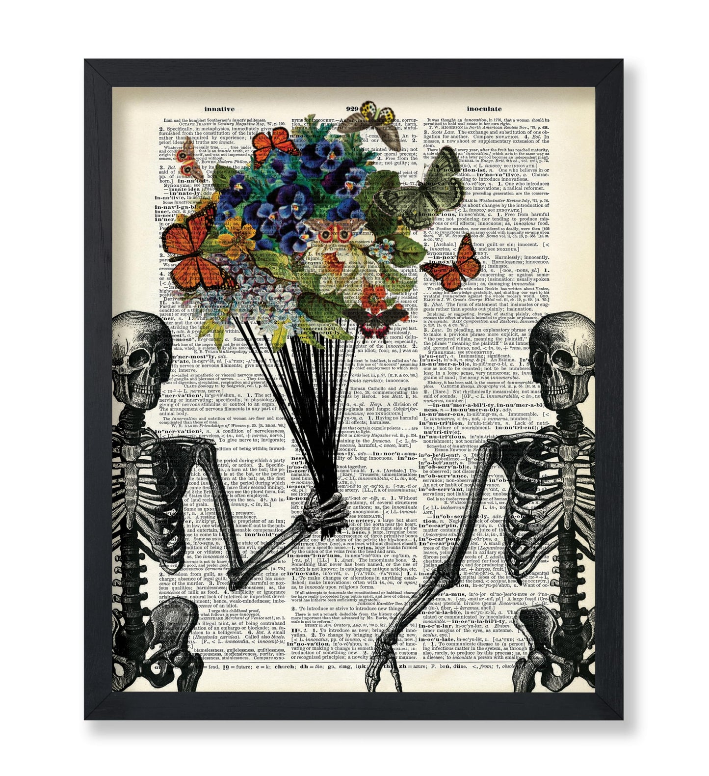 Poster Master Skeleton Couple Print - Flower & Butterfly Poster - Dictionary Art - Romantic Valentine's Day Gift for Him, Her, Lovers - Decor for Living Room, Bedroom - 8x10 UNFRAMED Wall Art