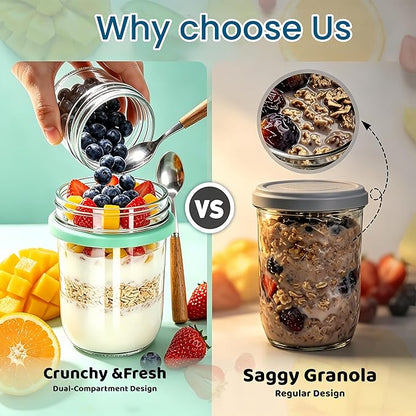 4 Pack Overnight Oats Containers with Lids and Spoons,16+4oz | Reusable Chia Pudding Jars with Dry and Wet Separation,Leak-Proof for Yogurt,Parfait Meal Prep, Dishwasher Safe