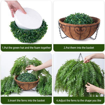 FancyPlus Artificial Hanging Plants Outdoor, UV Resistant Fake Fern Faux Greenery 2 Set for Outside Planter Patio Home Garden Decor (10 Branches&2 Basket)