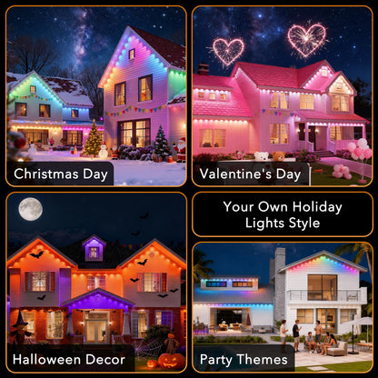 Permanent Outdoor Lights Pro, 150ft with 90 RGB+IC LED Lights for House, 75 Scene Modes,IP68 Waterproof Eave lights Compatible with Alexa, Google Assistant for Halloween Christmas Outdoor Daily Decor