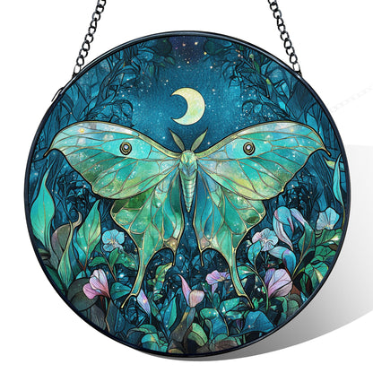 MORDMODUCK Luna Moth Flower Stained Glass Window Hanging, Green Moth Butterfly Suncatchers, Butterfly Wildflower Sun Catchers Indoor Window Glass Wall Art Hanging Decorations, 7.9x7.9in