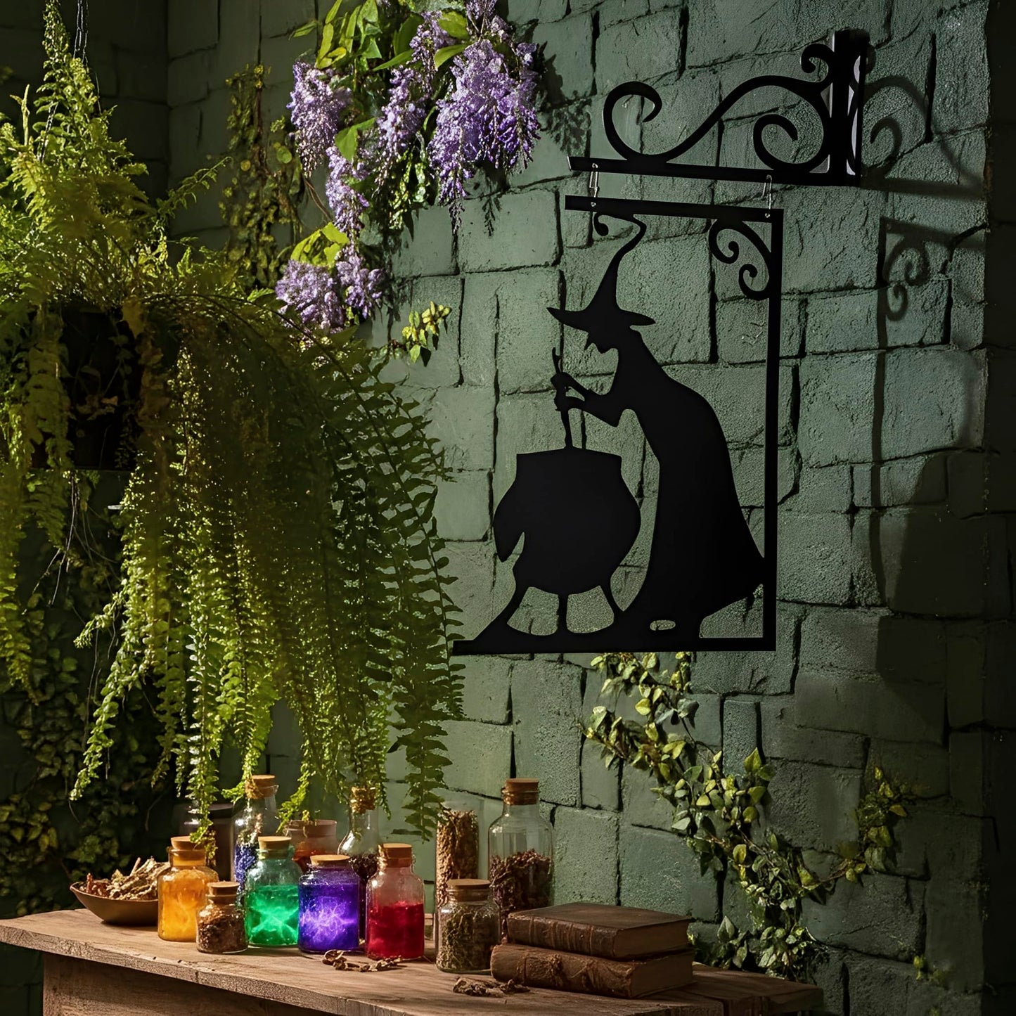 Metal Witch Silhouette Cauldron – Iron Halloween Wall Sign Hanging Art for Garden Decor, Scary Yard Ornaments, Party Supplies, Indoor Outdoor Decoration
