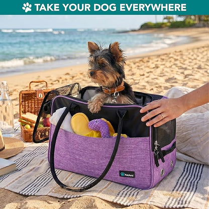 PetAmi Dog Purse Carrier for Small Dogs, Airline Approved Soft Sided Pet Carrier with Pockets, Ventilated Dog Carrying Bag for Puppy Cat, Dog Travel Supplies Bag, Sherpa Bed, Max 12 lbs, Purple