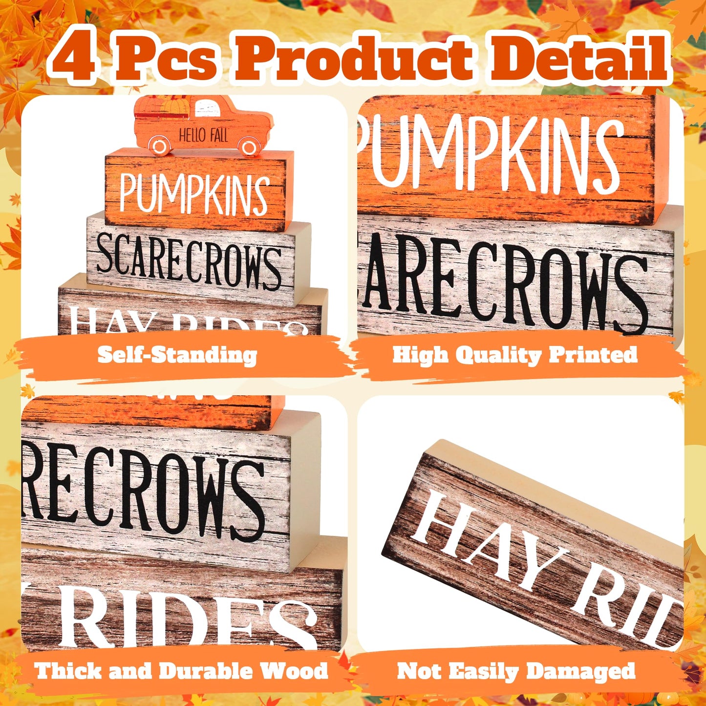 4 Pcs Fall Decor Wooden Tiered Tray Decor, Pumpkins Car Autumn Decorations Gifts for Home, Thanksgiving Table Centerpiece for Autumn Harvest Party Kitchen