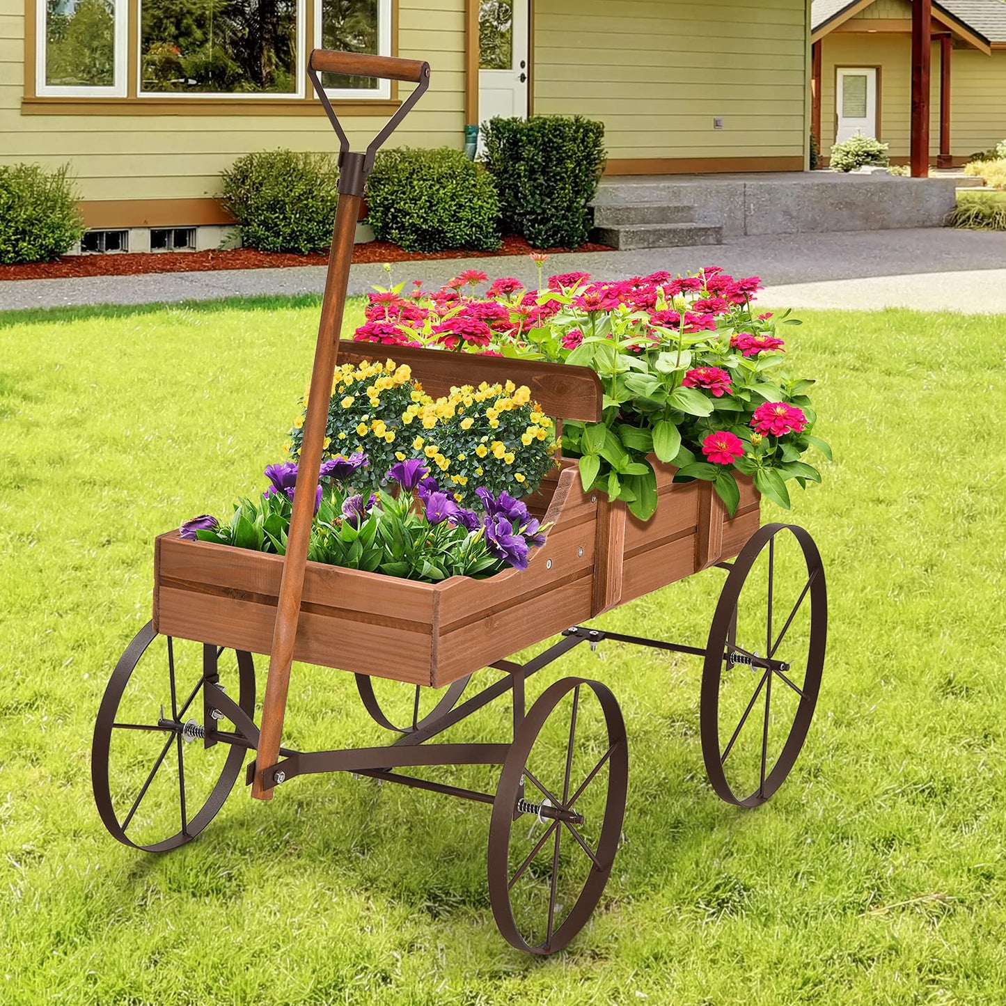 Aurcs Wooden Wagon Planter, Garden Wagon Cart Planter Pot Stand w/ 2 Planting Section, Adjustable Handle, Rolling Wheels, Planter Box Display for Succulent, Flowers, Vegetables (Natural)