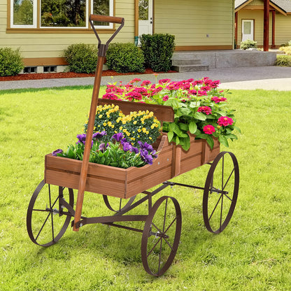 Aurcs Wooden Wagon Planter, Garden Wagon Cart Planter Pot Stand w/ 2 Planting Section, Adjustable Handle, Rolling Wheels, Planter Box Display for Succulent, Flowers, Vegetables (Natural)