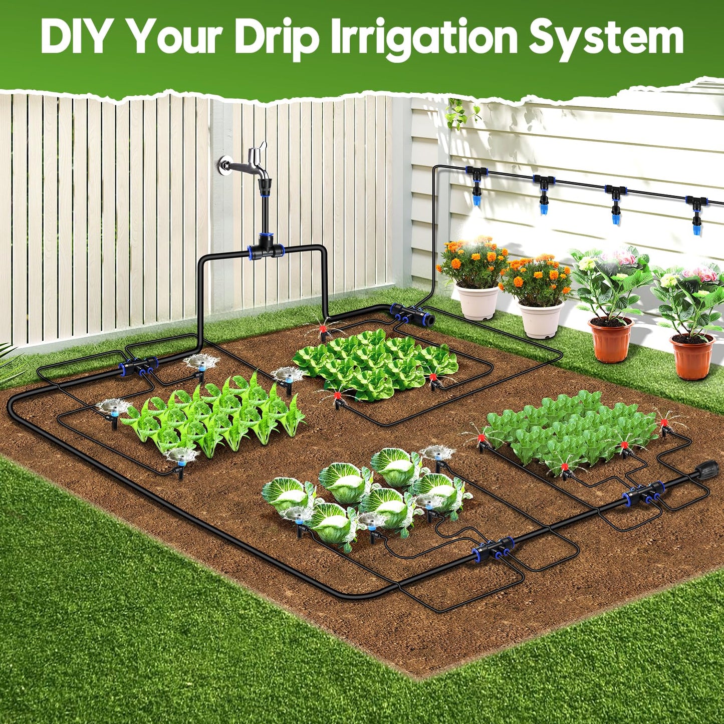 240FT Drip Irrigation System Kit Quick-Connect, Automatic Garden Watering System for Raised Garden Beds, Greenhouse, Yard, Lawn, Plant with 1/2 inch Hose 1/4 inch Distribution Tubing and Accessories