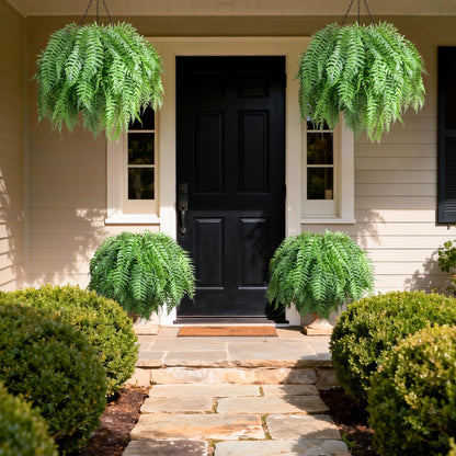 FancyPlus Artificial Hanging Plants Outdoor, UV Resistant Fake Fern Faux Greenery 2 Set for Outside Planter Patio Home Garden Decor (10 Branches&2 Basket)