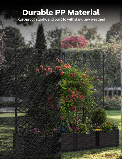 BouPower 4pcs Raised Garden Bed with Trellis & Privacy Screen, 63" h Tall Vertical Planter Box for Climbing Plants, Outdoor Garden Planter Box with Drainage Holes for Patio Balcony, Black
