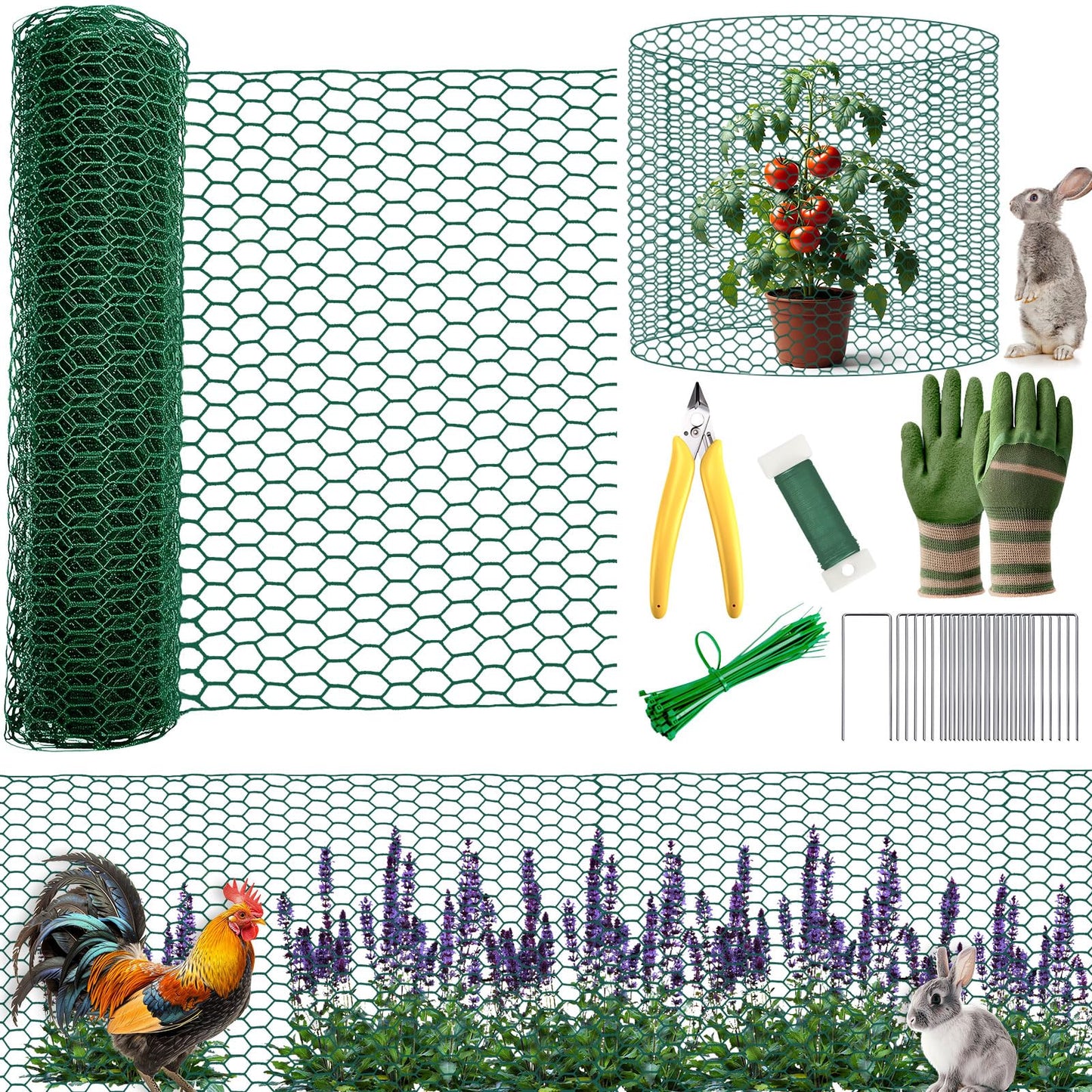 All-in-One 200 Inch Plant Protectors from Animals Kit - 0.85mm Heavy Duty Chicken Wire Cloche,Free-Cut Wire Mesh Roll Includes Pliers, Gloves, Ties, Stakes for Custom Outdoor Cages (12 * 200 Inch)