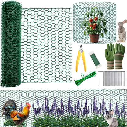 All-in-One 200 Inch Plant Protectors from Animals Kit - 0.85mm Heavy Duty Chicken Wire Cloche,Free-Cut Wire Mesh Roll Includes Pliers, Gloves, Ties, Stakes for Custom Outdoor Cages (12 * 200 Inch)