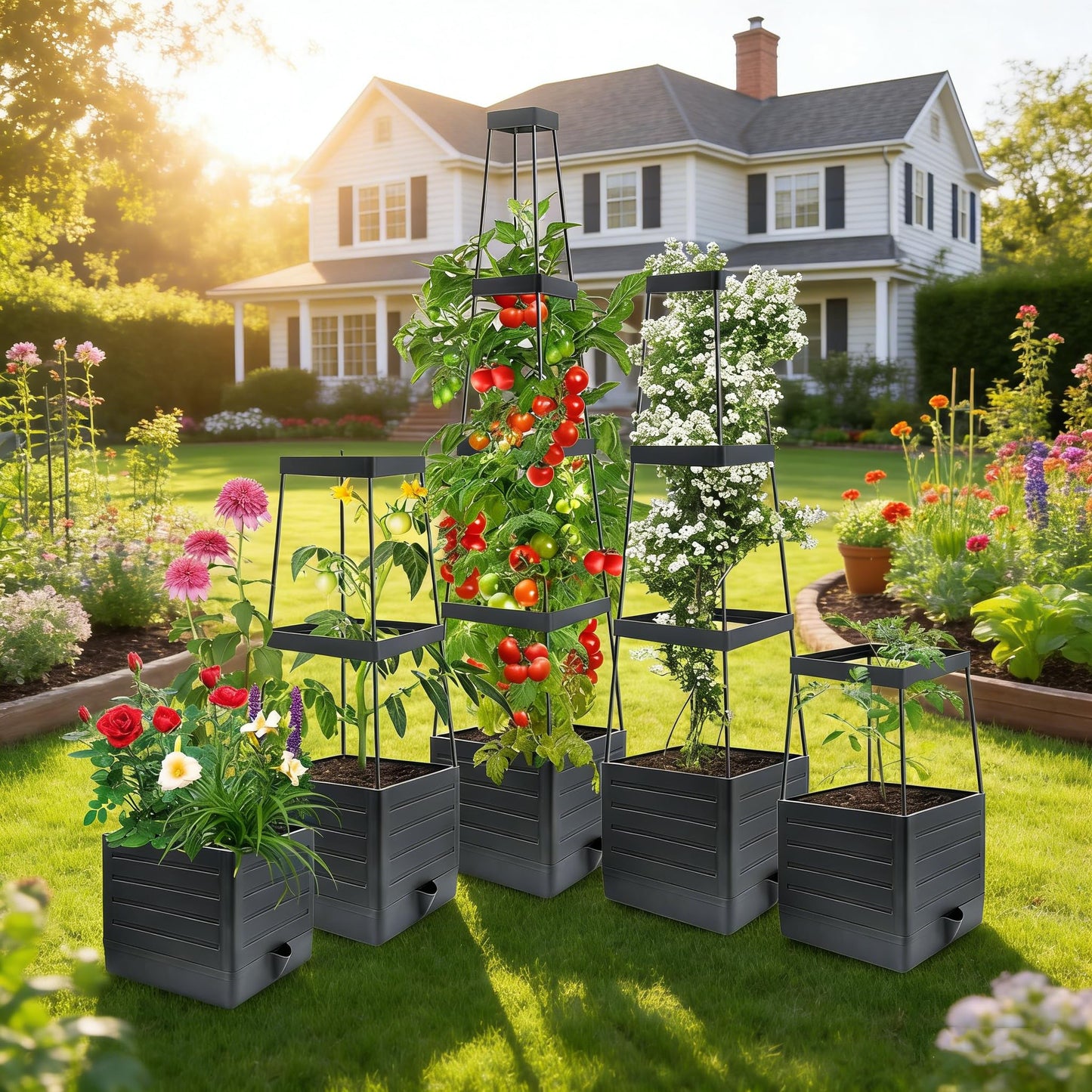 MQUPIN 2 Pack Tomato Planter with Trellis, 57" Self-Watering Raised Garden Bed Planter Box for Climbing Plants Vine Flowers Vegetables, Tomato Cage for Indoor Outdoor Patio Greenhouse