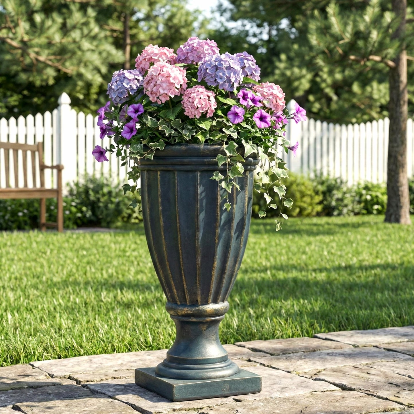 Christopher Knight Home 26.77 Inch Tall Fluted Pedestal Urn Planter MGO Outdoor Flower Pot Faux Stone Garden Planter for Patio Porch Entryway Decor, Antique Green