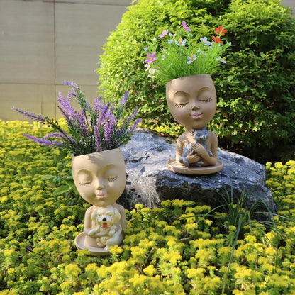 Dolkgy Cute Face Planter with Cat Head Planter Pot for Indoor Outdoor Plants, Succulent Planters with Drainage, Decorative Flower Pots for Home Garden Office Décor