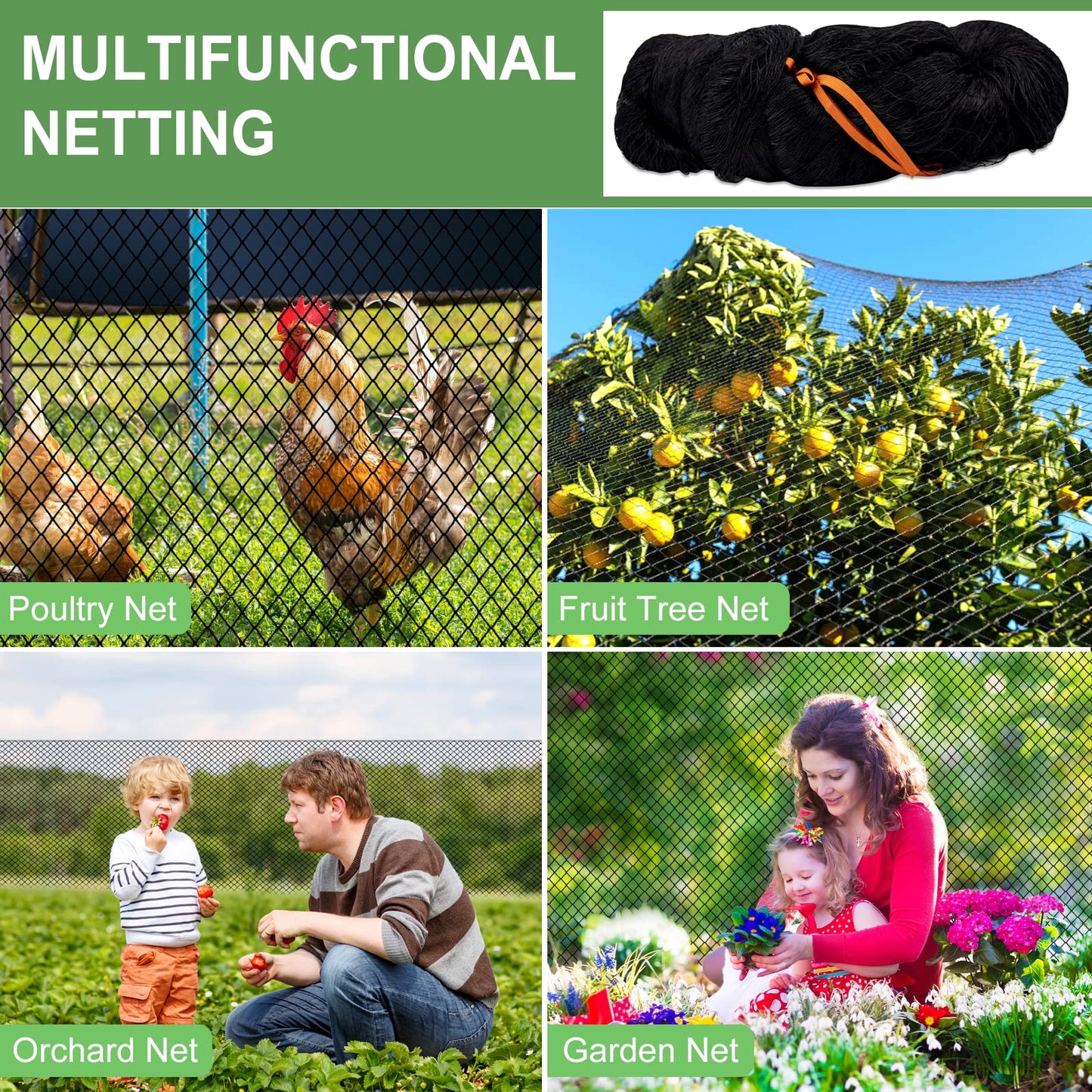 DQS Bird Net - 25' x 50' Garden Netting with 2.4" Square Mesh Protect Fruit Tree, Plant and Vegetables from Poultry, Deer and Pests, Heavy Duty Bird Netting for Garden, Farm, Orchard