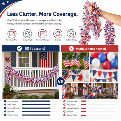 50 FT 4th of July Garland, Indoor & Outdoor Red White and Blue Patriotic Tinsel with American Flags, US Party Decor for Mantel, Stairs, Porch Railings, Golf Cart, Parade Float & America 250